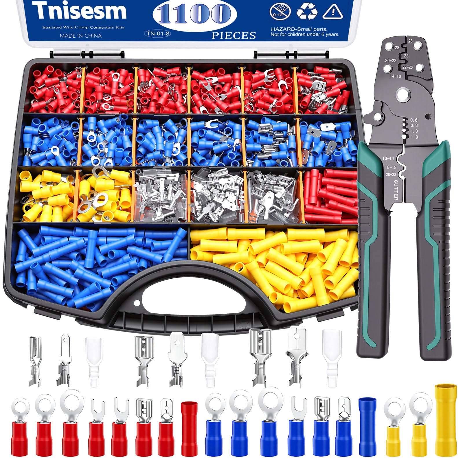 Tnisesm 1100 connettori per cavi, terminali isolati per cavi elettrici con crimpatura/spellatura/taglio, strumento di crimpatura multifunzione 22-10AWG, kit di connettori ad anello, testa a vanga