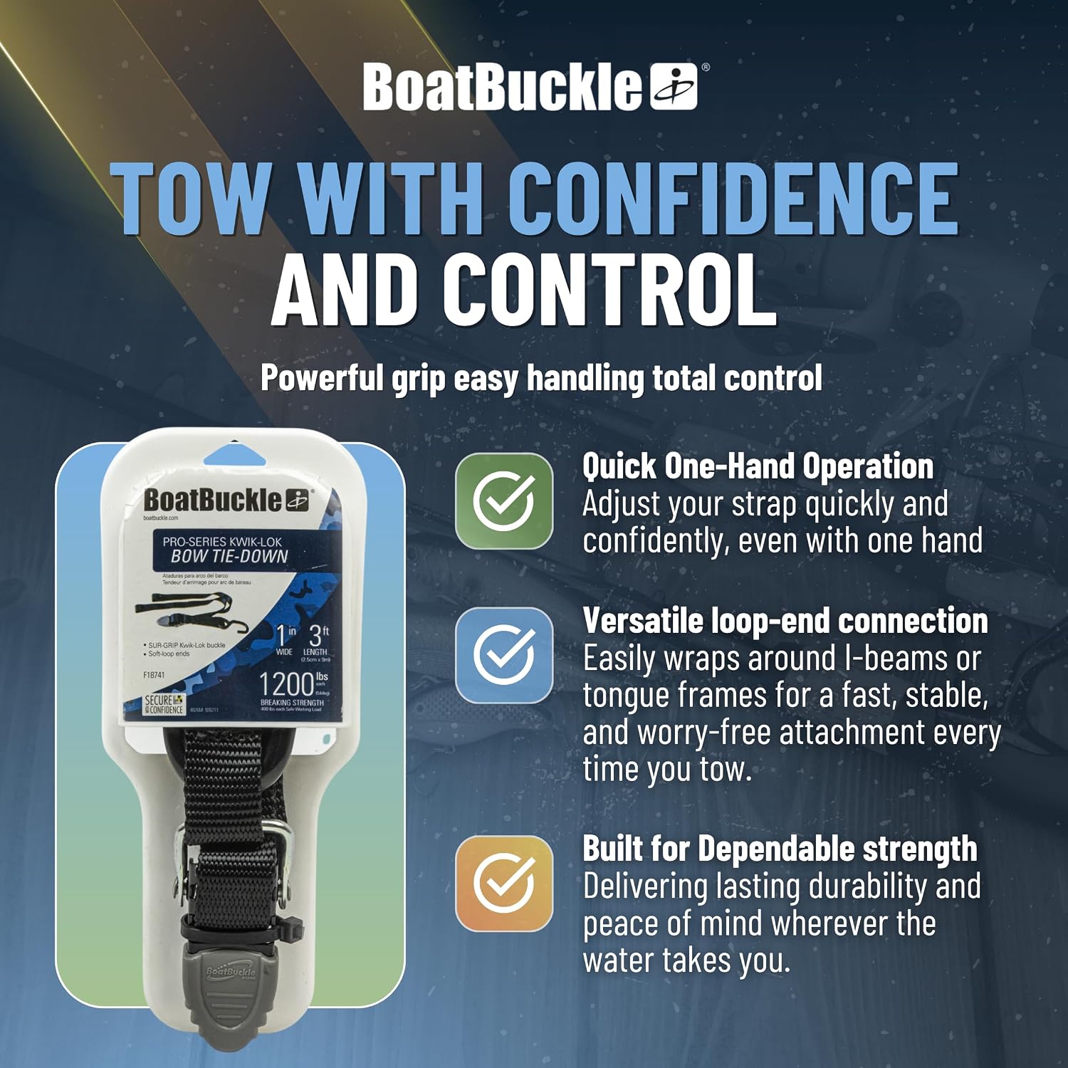 BoatBuckle F18741A Pro Series Kwik-Lok Bow Tie-Down Strap, 1 Inch x 3 Feet | Adjustable SUR-Grip Buckle with Loop End, 1,200 Lbs Break Strength, 400 Lbs Working Load, Black Webbing, 1 Strap Included