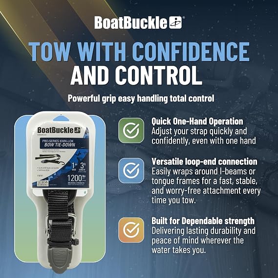 BoatBuckle F18741A Pro Series Kwik-Lok Bow Tie-Down Strap, 1 Inch x 3 Feet | Adjustable SUR-Grip Buckle with Loop End, 1,200 Lbs Break Strength, 400 Lbs Working Load, Black Webbing, 1 Strap Included