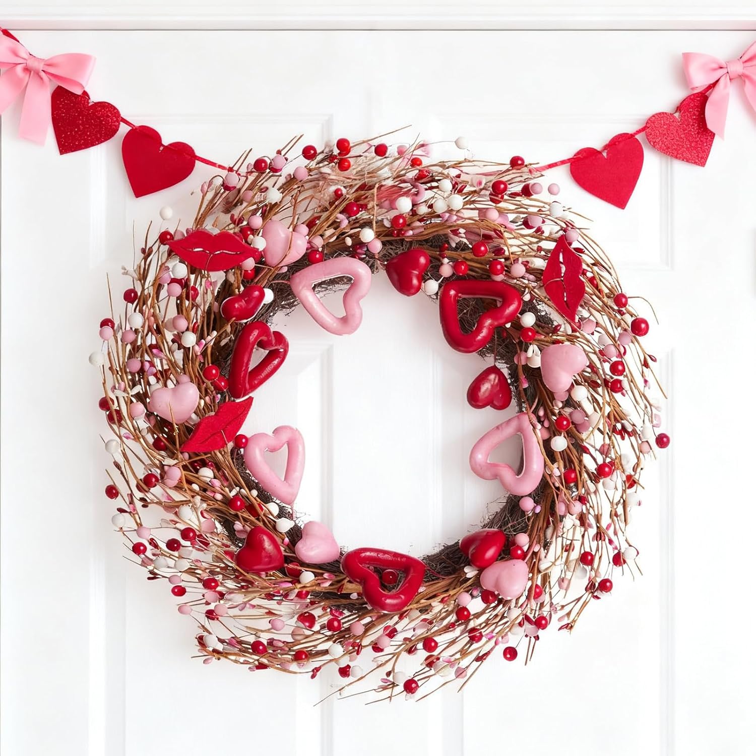 WDS WONDROUS 18.8 Inch Valentine's Day Wreath, Heart and Lip Decor with Red Pink Berries for Front Door, Wedding, Party Decorations - Image 2