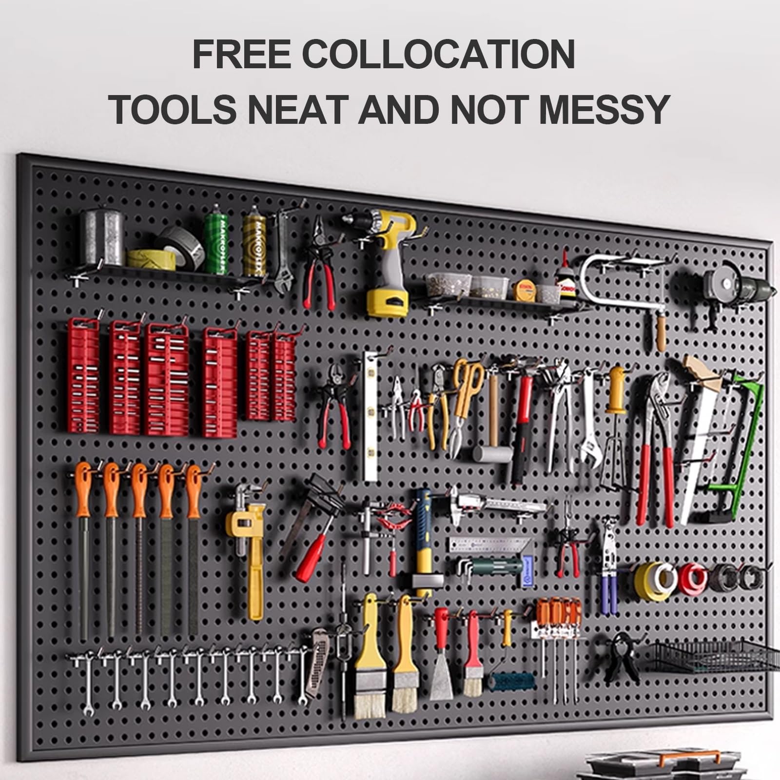 Tablica ścienna z narzędziami, czarna metalowa tablica wisząca na biurko biurkowe, pegboard i akcesoria, stojak do przechowywania na ścianie, odpowiedni do domu, biura, akademika, biurka do gier (100