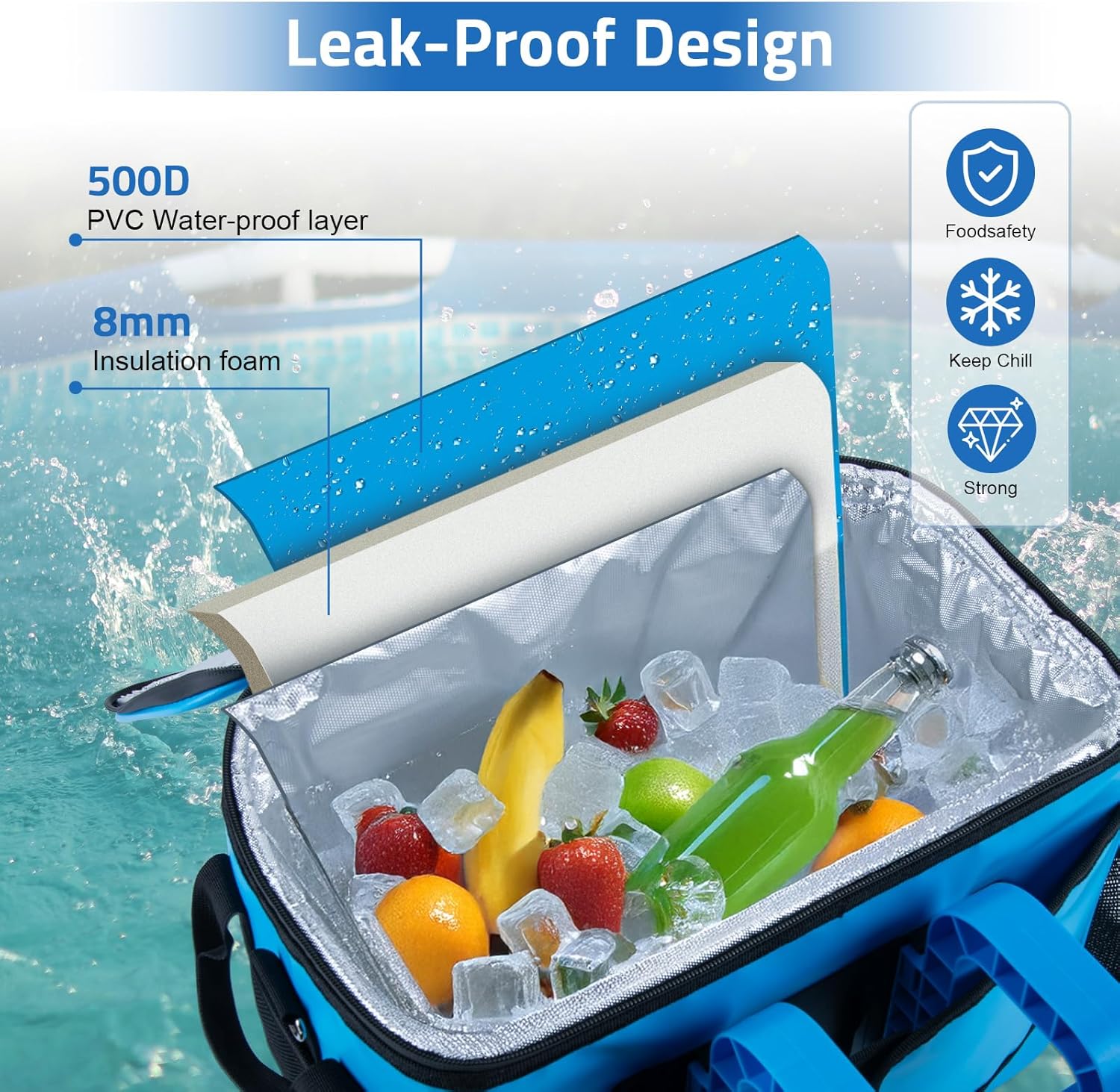 CHANGEMOORE Above Ground Pool Accessories Poolside Storage Basket with Cooler, Heavy Duty Hanging Pool Bag with Top Window, 28L Capacity Fits 30 Cans, Waterproof 500D PVC, Metal Buckles & 6cm Hooks