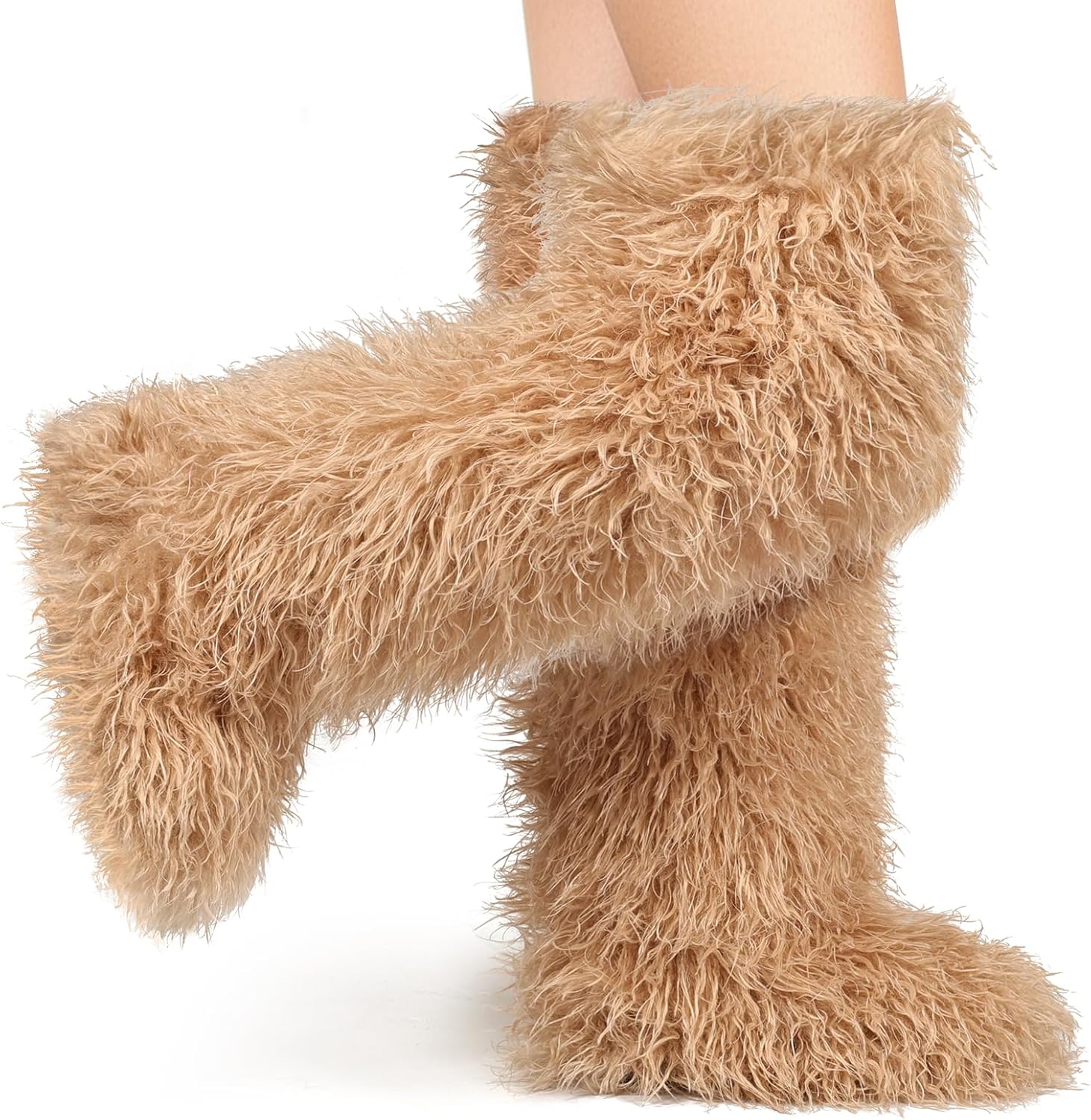 IXU Thigh High Fur Boots,Over the Knee Furry Boots for Women,Fuzzy Fluffy Tall Long Faux Boot Snow Winter Round Toe