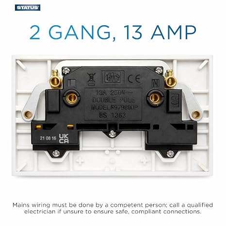 Status 13A Double Gang Switched Wall Socket, UK Plug Socket Faceplate, White, S2G13AWSX4