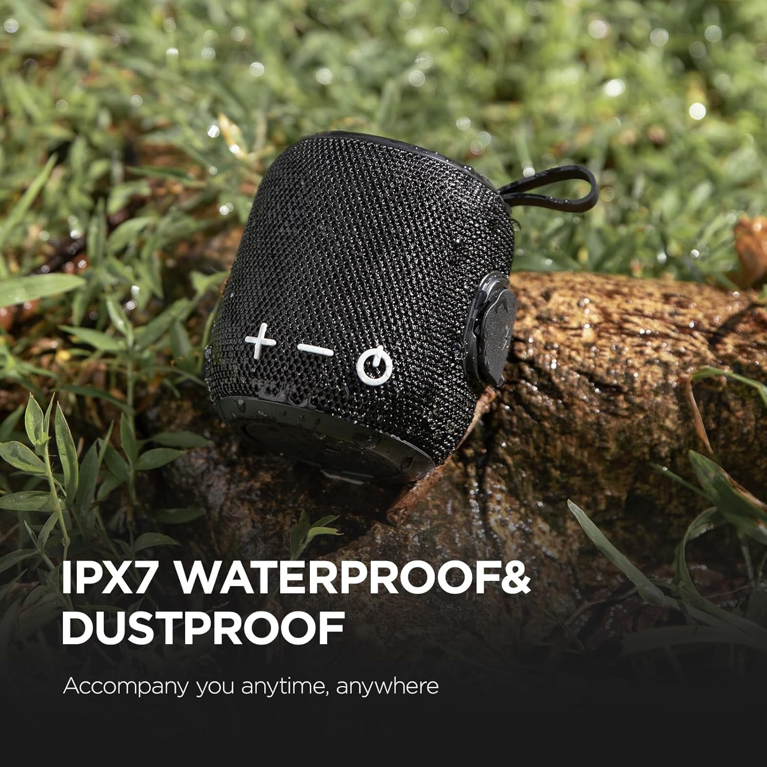 Sanag speaker on wet ground with 'IPX7 Waterproof & Dustproof' text.