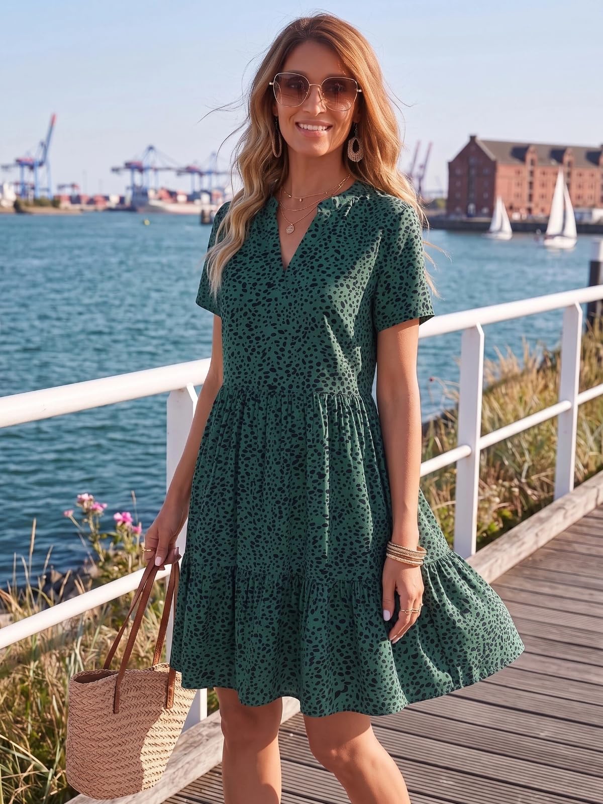 YUTILA Abito estivo da donna con scollo a V, maniche corte, linea ad A, in viscosa | corto, casual, leggero, mini abito da spiaggia