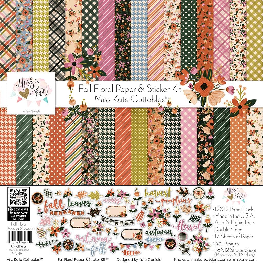 Miss Kate Cuttables Paper & Sticker Kit - Fall Floral - 17 Double-Sided 12x12 Papers with 33 Designs & 1 8X12 Sticker Sheet - Scrapbooking Card Making Crafting
