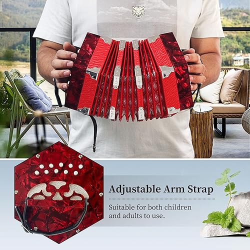 Miniatura 5 de Acordeón de 20 botones para adultos, acordeón profesional para principiantes, correa de mano ajustable, accesorios de instrumentos musicales con Rojo