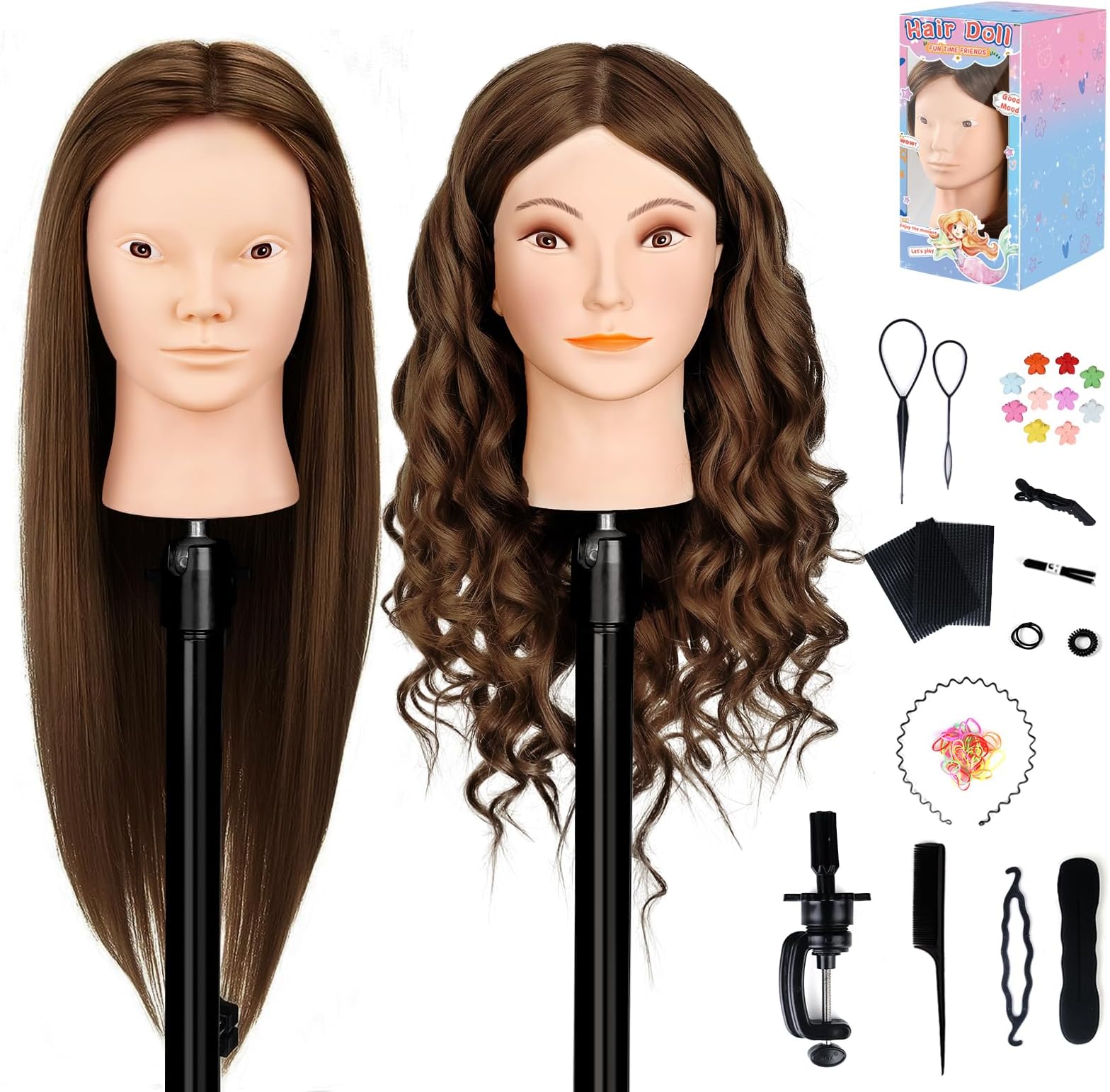 MYSWEETYMannequin Head with Human Hair, 80% Real Hair 26'' Makeup Hairdressing Practice Training Head, Cosmetology Manikin Doll Head for Hair Styling with Clamp Holder & DIY Hair Braid Set(Deep