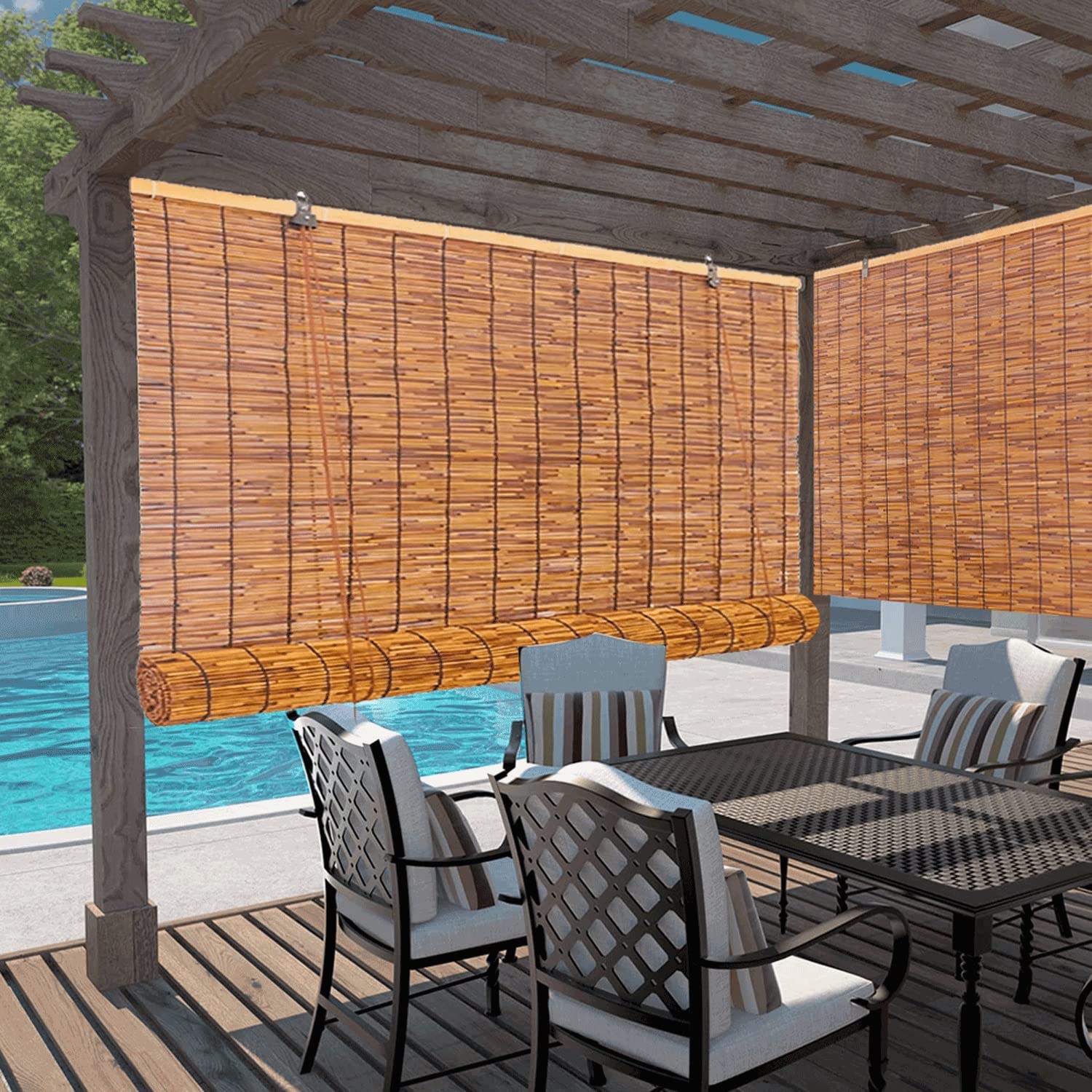 Natural Bamboo Roller Blinds For Patio & Porch - Cordless Roll-Up Shades For Privacy & Sun Protection