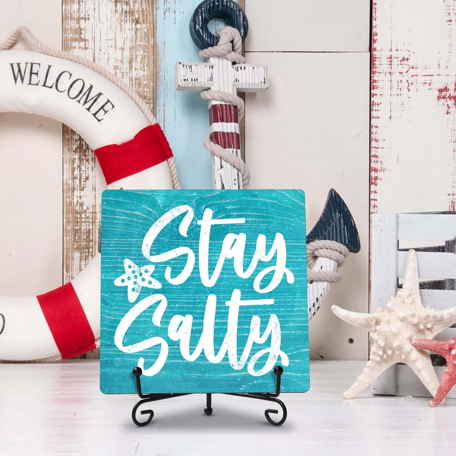 Stay Salty Wooden Sign with Iron Stand - Nautical Coastal Decor for Beach House, Lake Cabin & Boat - Funny Ocean Quote Tabletop Plaque - Rustic Marine Themed Home Accessory. (064) - Image 2