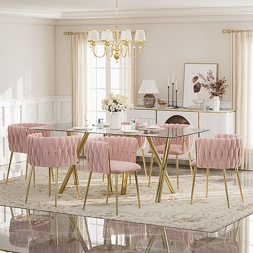Miniatura 24 de Glam Style - Juego de mesa de comedor de 5 piezas para 4, mesa de comedor rectangular de vidrio templado de 51 pulgadas con base de metal dorado