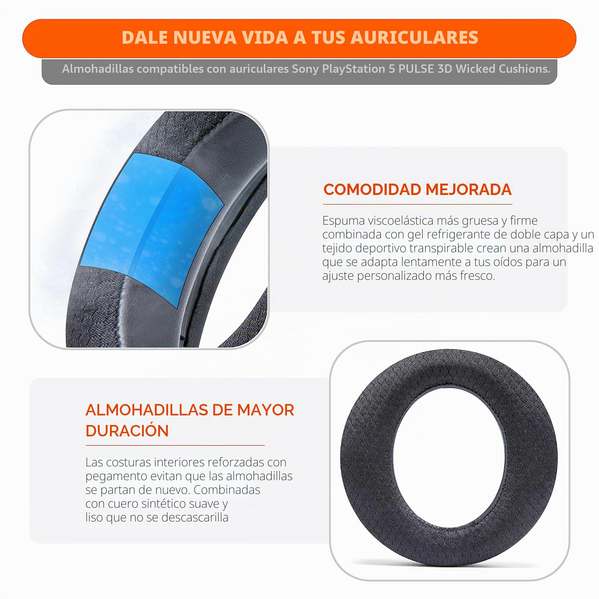 WC Freeze Pulse 3D - Almohadillas de Gel refrescante compatibles con Sony PS5 Pulse 3D, Fabricadas por Wicked Cushions | Cojín más Grueso y Apertura más Amplia | Black
