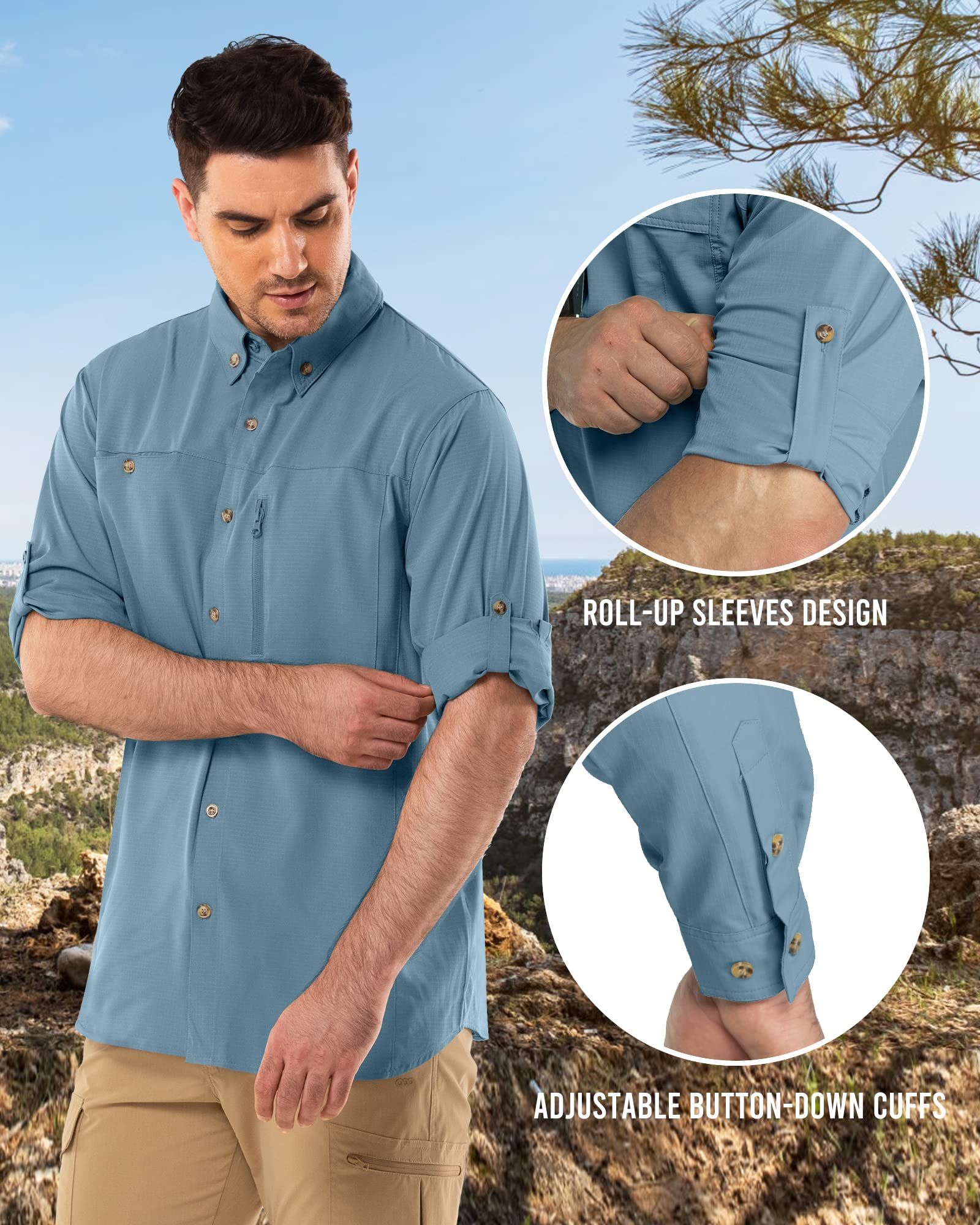 Camisa de manga larga para hombre, camisa de manga larga, de secado rápido, ligera, transpirable, protección UV 50+, con bolsillos, camisa de trabajo para pesca, correr, senderismo, camping