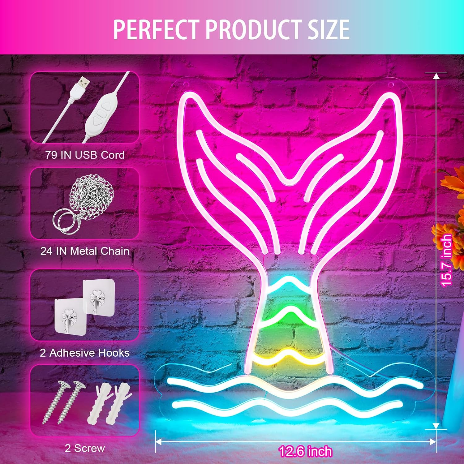 Basaneon Mermaid Tail Neon Sign Dimmable Mermaid Neon Signs for Wall Decor, USB Powered Bright LED Mermaid Lamps for Girls Bedroom, Birthday Christmas Decor, Perfect Gifts for Girls(15.7*12.6inches)