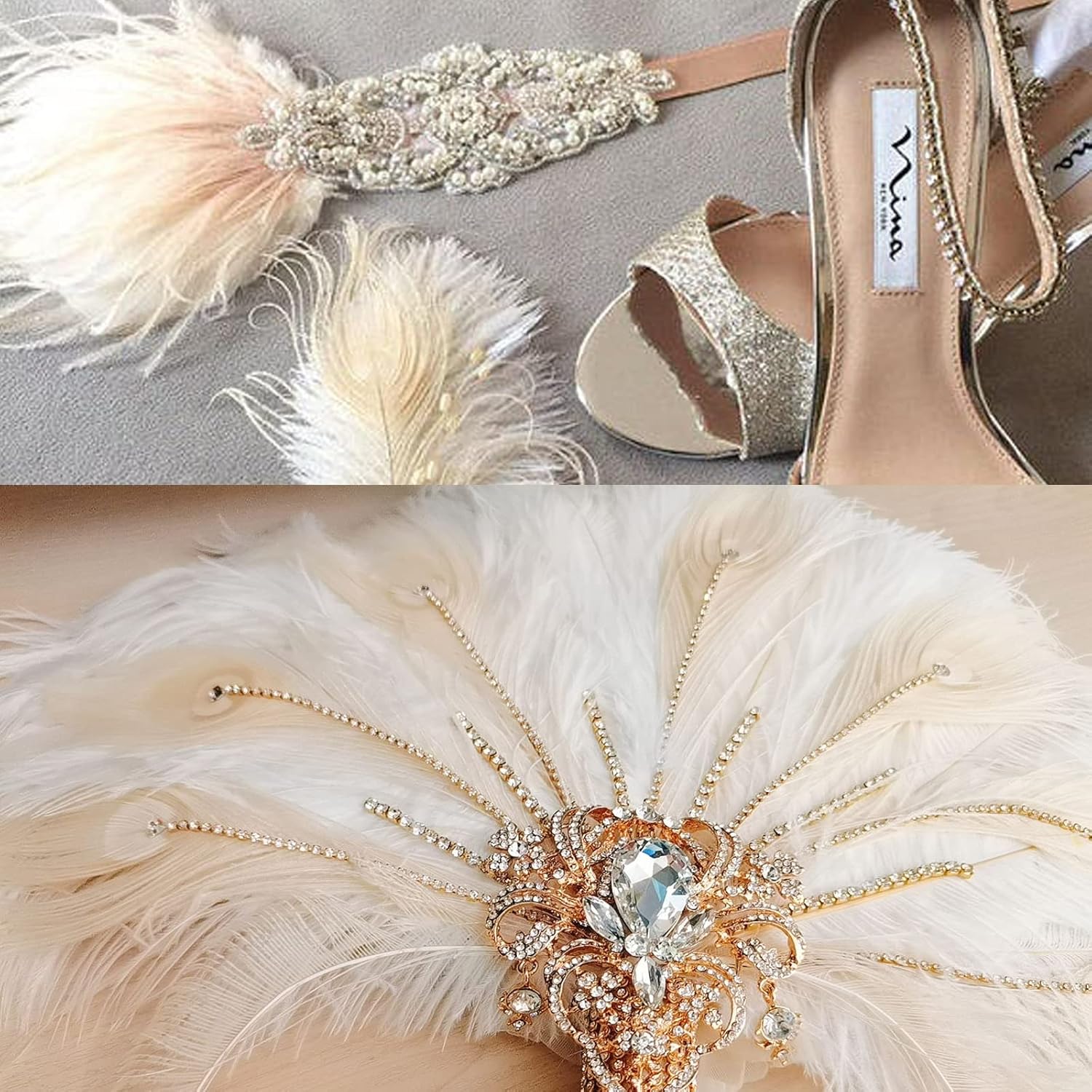 Gold Bridal Brooch Bouquet Ostrich Large Alternative Feather Fan Bridal Bouquet Ivory, Holding Flowers, 1920s Art Deco Wedding, 20s Bouquet