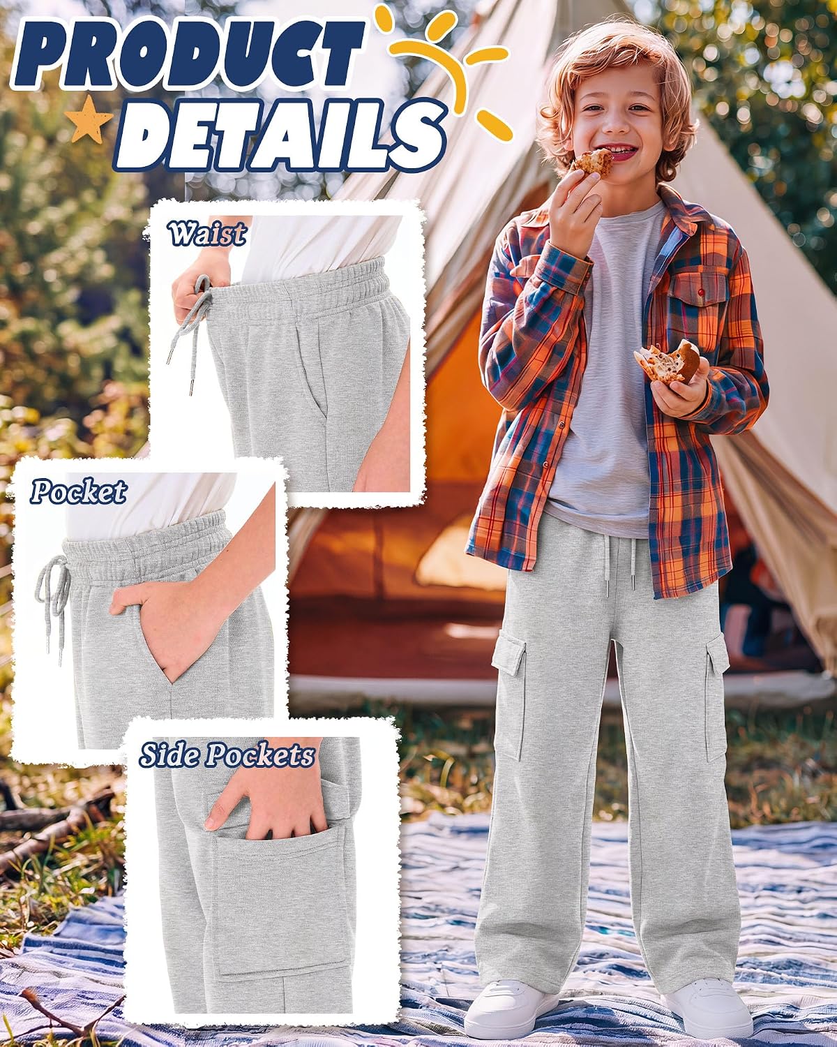 4 Pack Boys Baggy Cargo Sweatpants 5-14Y | Back to School, Wide Leg Pants with Pockets, Open Bottom, Elastic Waist Drawstring, Athletic Casual Wear, Running for Kids