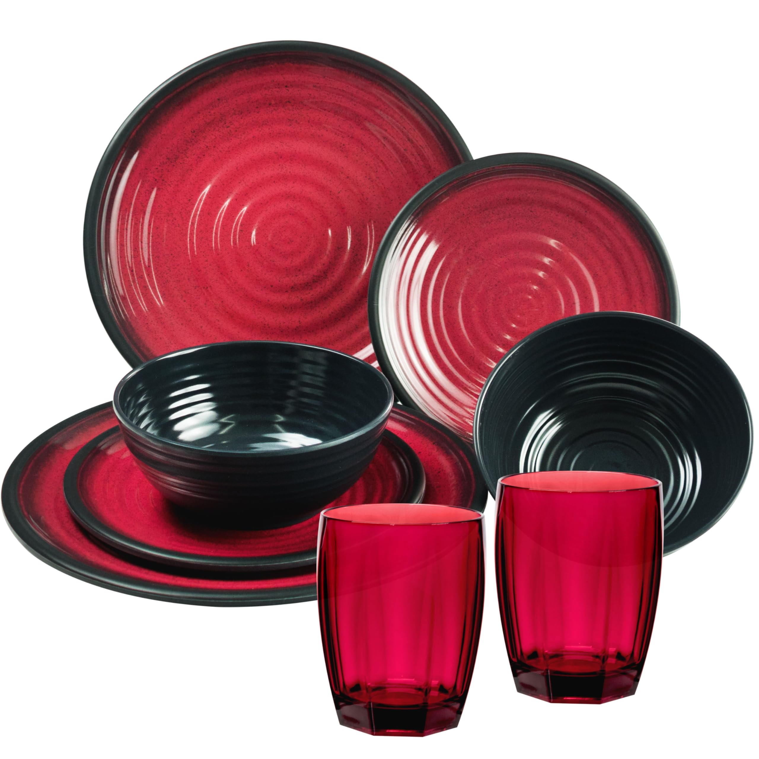 Melamin Geschirr Set 2 Personen 8 Teile Campingglas rot schwarz Acryl ideal