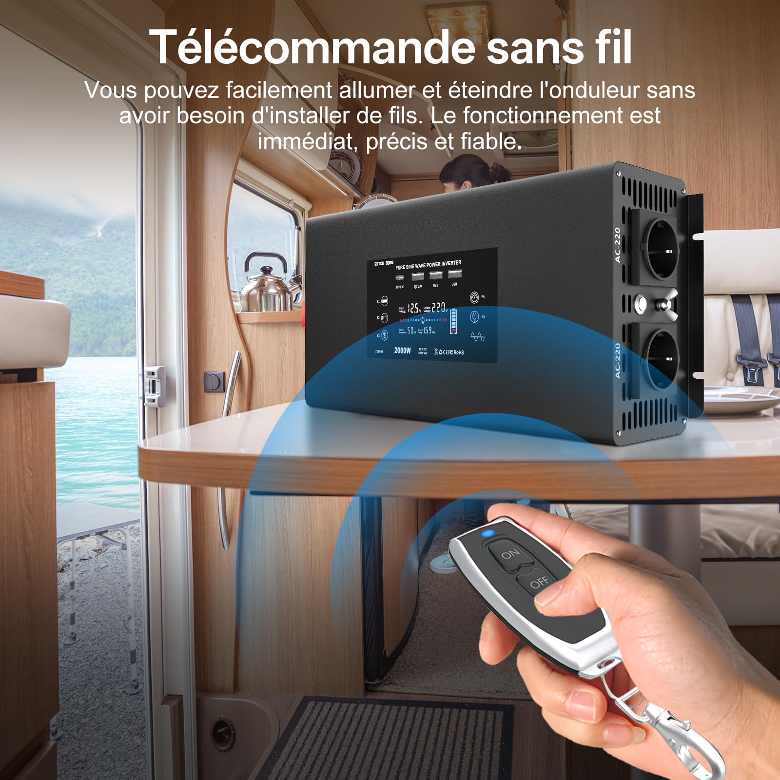 DATOUBOSS Convertisseur 24v 220v Pur Sinus 2000W，Transformateur 4000W Crête, Onduleur avec 2 Prises UE, 4 USB Ports (1x QC3.0, 1x USB-C, 2x USB-A), Tlécommande, Écran LCD，pour Voiture, Camion, Camping