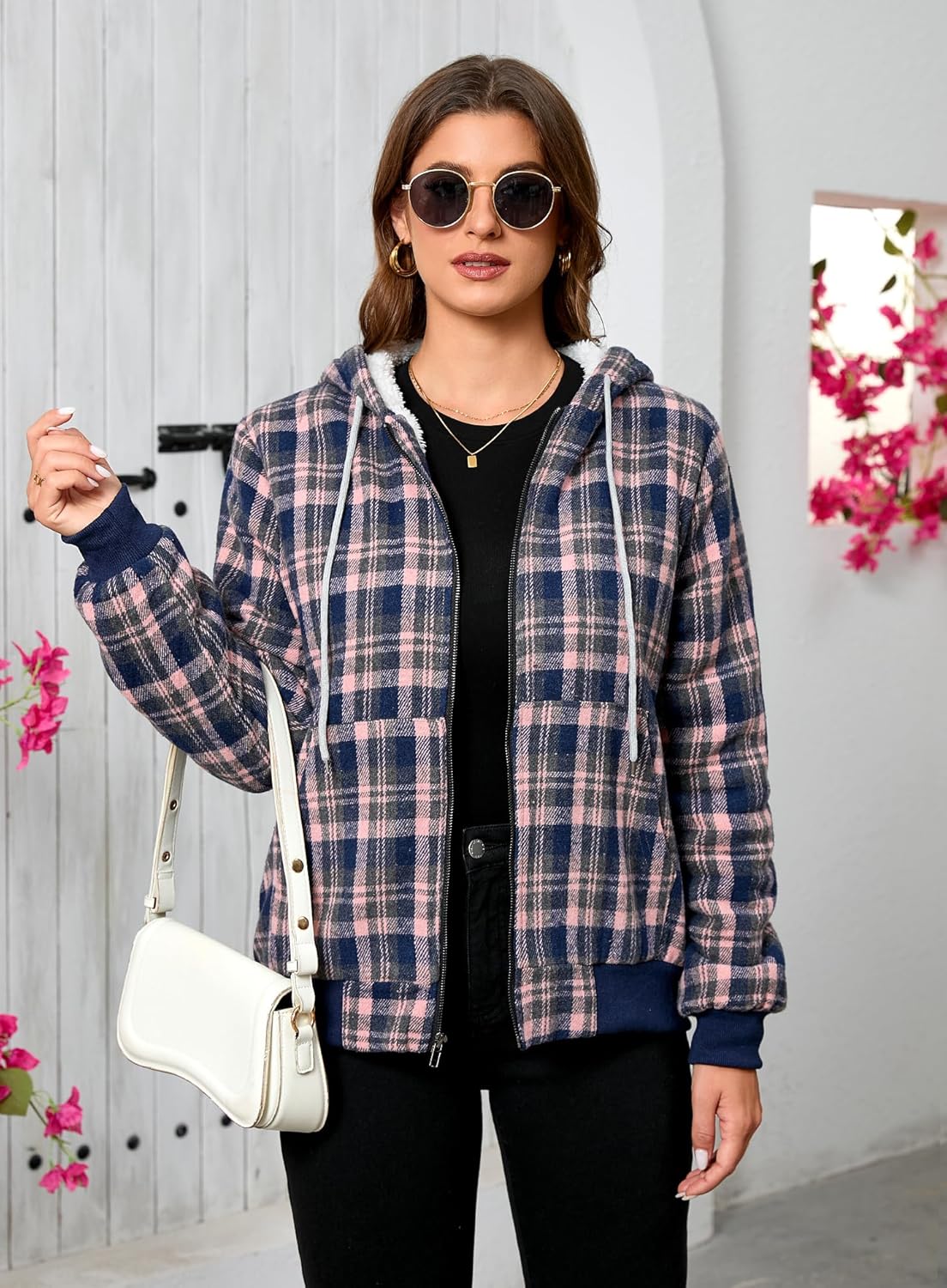 Shawnda Women's Flannel Casual Plaid Full Zip Up Sherpa Lined Hoodie Jacket Coat with Pockets - Image 4