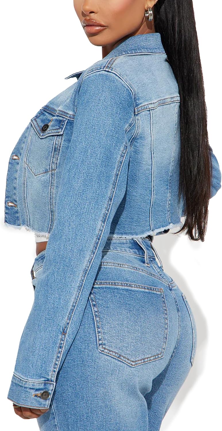 Blue Washed Cropped Denim Jacket for Women Button Down Long Sleeve with Chest Pockets & Frayed Hem
