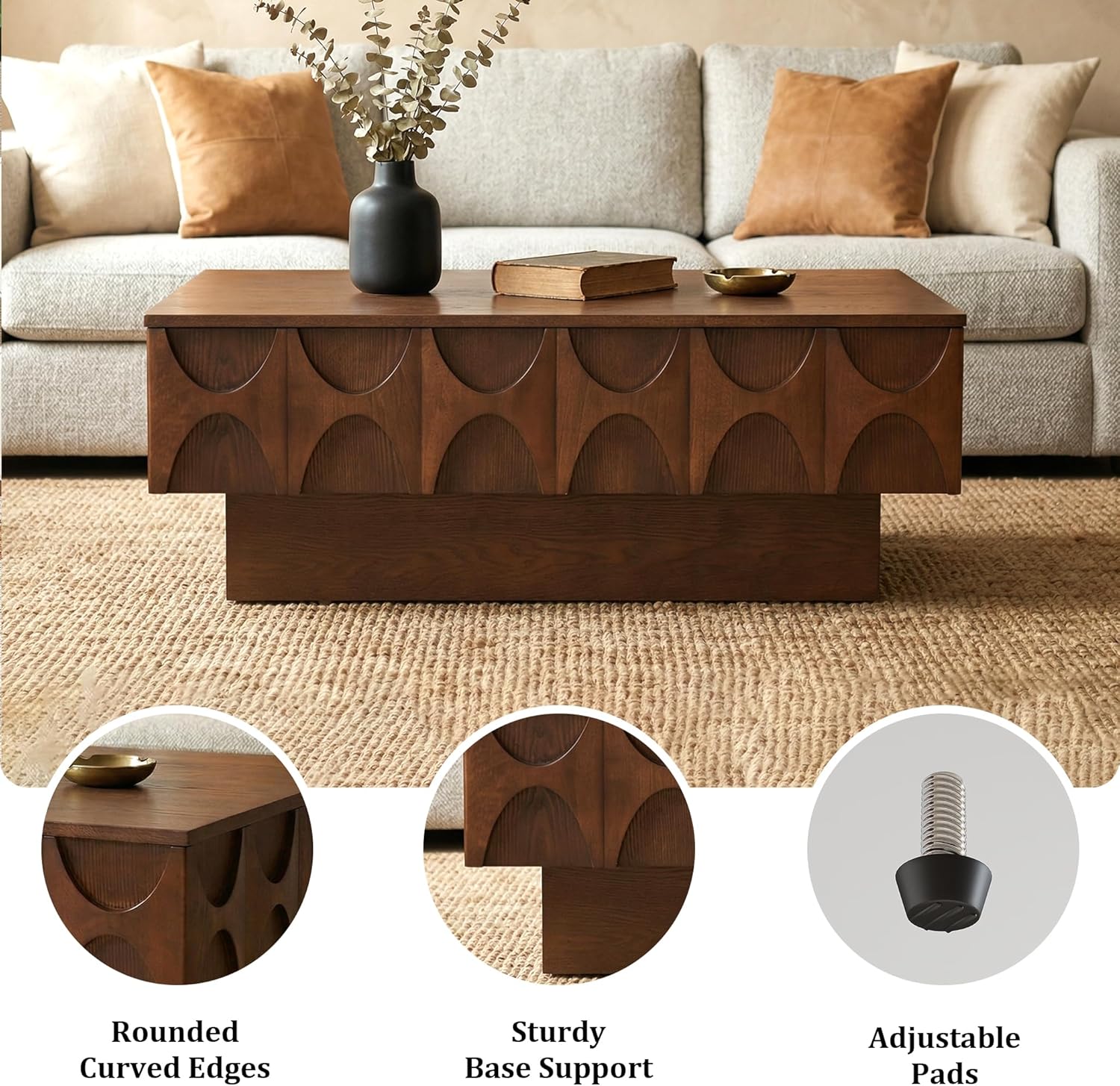 LKTART Solid Wood Veneer Coffee Table with Storage & Sliding Top, 38.6" Modern Mid Century Rectangle Center Table for Living Room, Home Office, Walnut