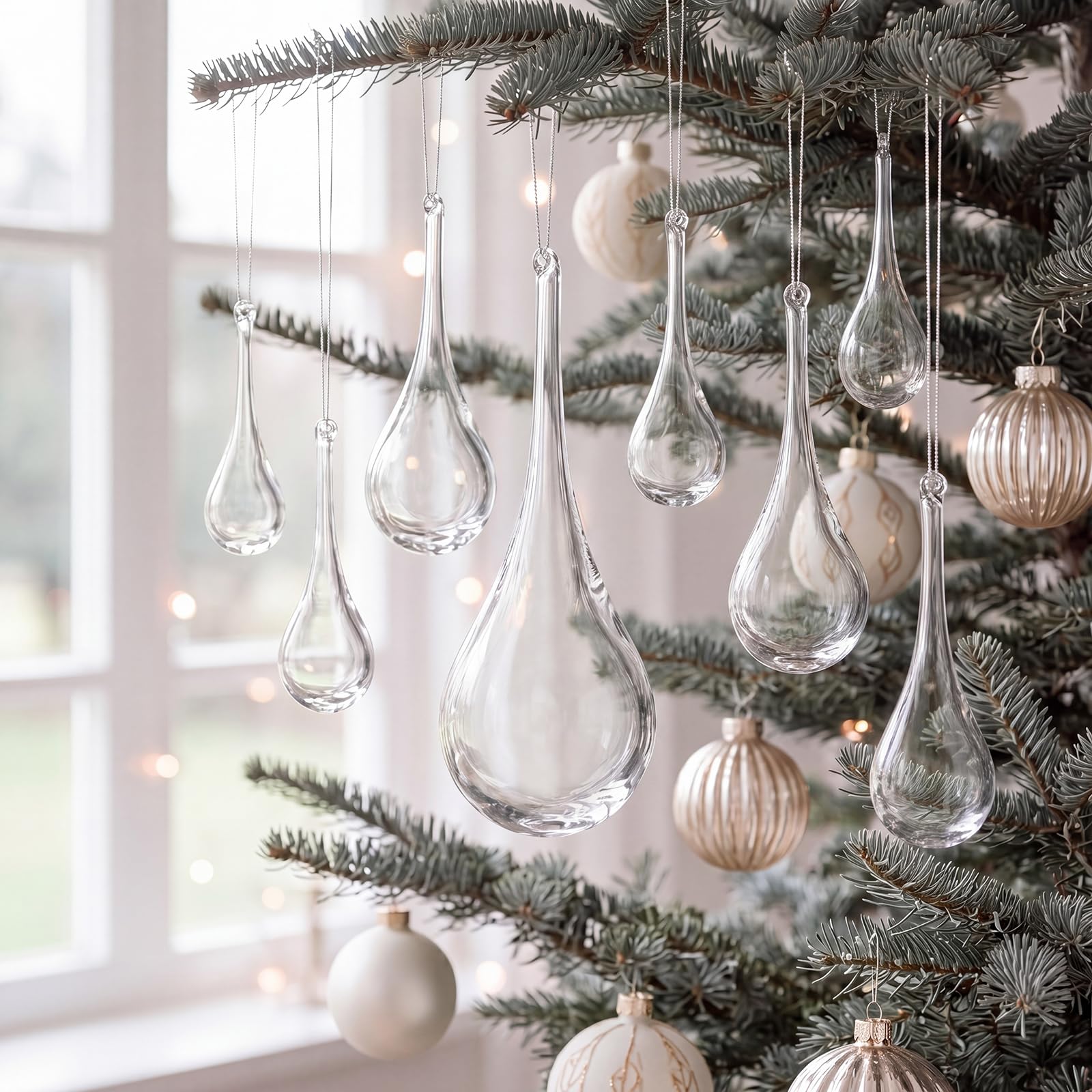 Seenelling Lot de 12 décorations en verre transparent en forme de goutte d'eau pour sapin de Noël, 3 tailles de chandelier en cristal de rechange, décoration d'intérieur à suspendre avec ficelle pour