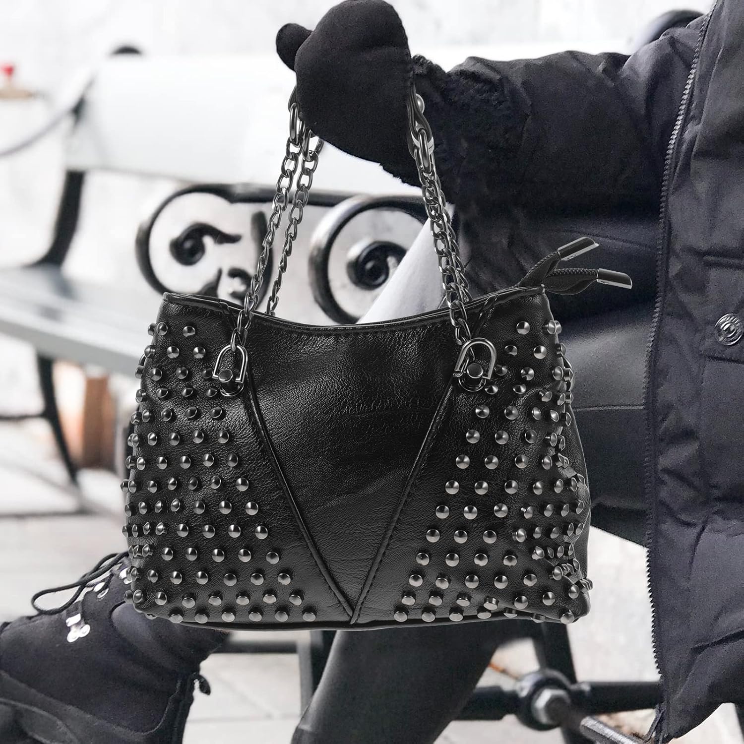 PRETYZOOM Rivet Chain Crossbody Bag for Women Stylish Studded Shoulder Bag in Pu Leather Compact Handheld Messenger for Daily Use and Outdoor Activities 7.28X5.90X3.54In - Image 9