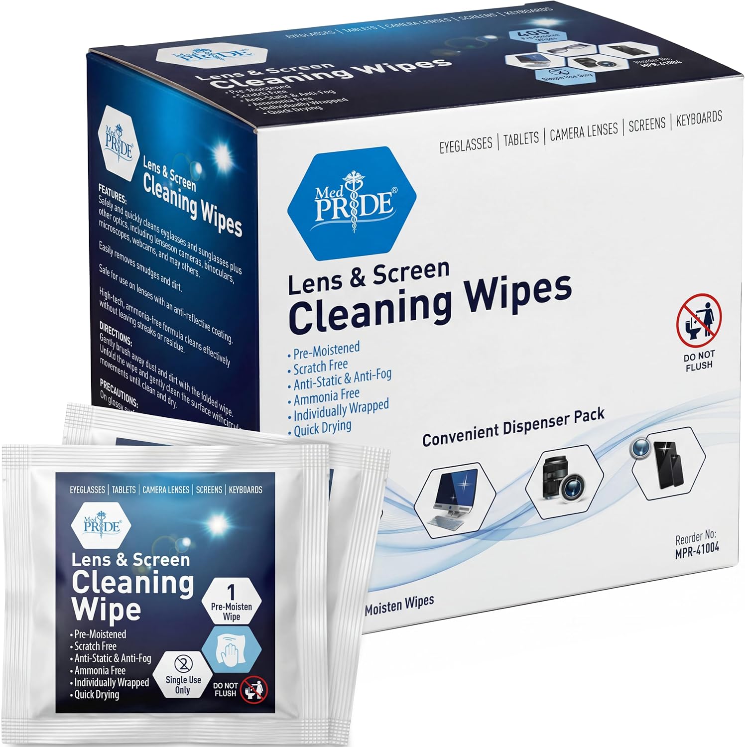MED PRIDE Anti-Fog Lens and Screen Cleaning Wipes for Eyeglasses, Touch Screens, Premoistened, Anti-Static, Quick-Dry (200 200 Count (Pack of 1))