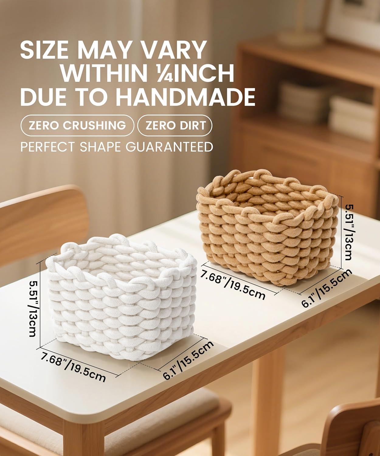 Small Macrame Woven Storage Baskets 2 Pack – Boho Cotton Rope Bins for Bathroom, Bedroom, Desk & Vanity Organizer – White & White, 7x5.5x5 Inches