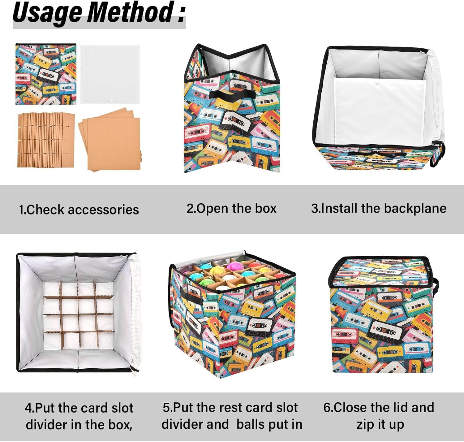 High Capacity Christmas Ornament Storage Box Holds Up to 64, Adjustable Dividers, Zippered Top, Two Handles foldable Holiday Storage Case with Lid,Color Cartoon Tape Vintage