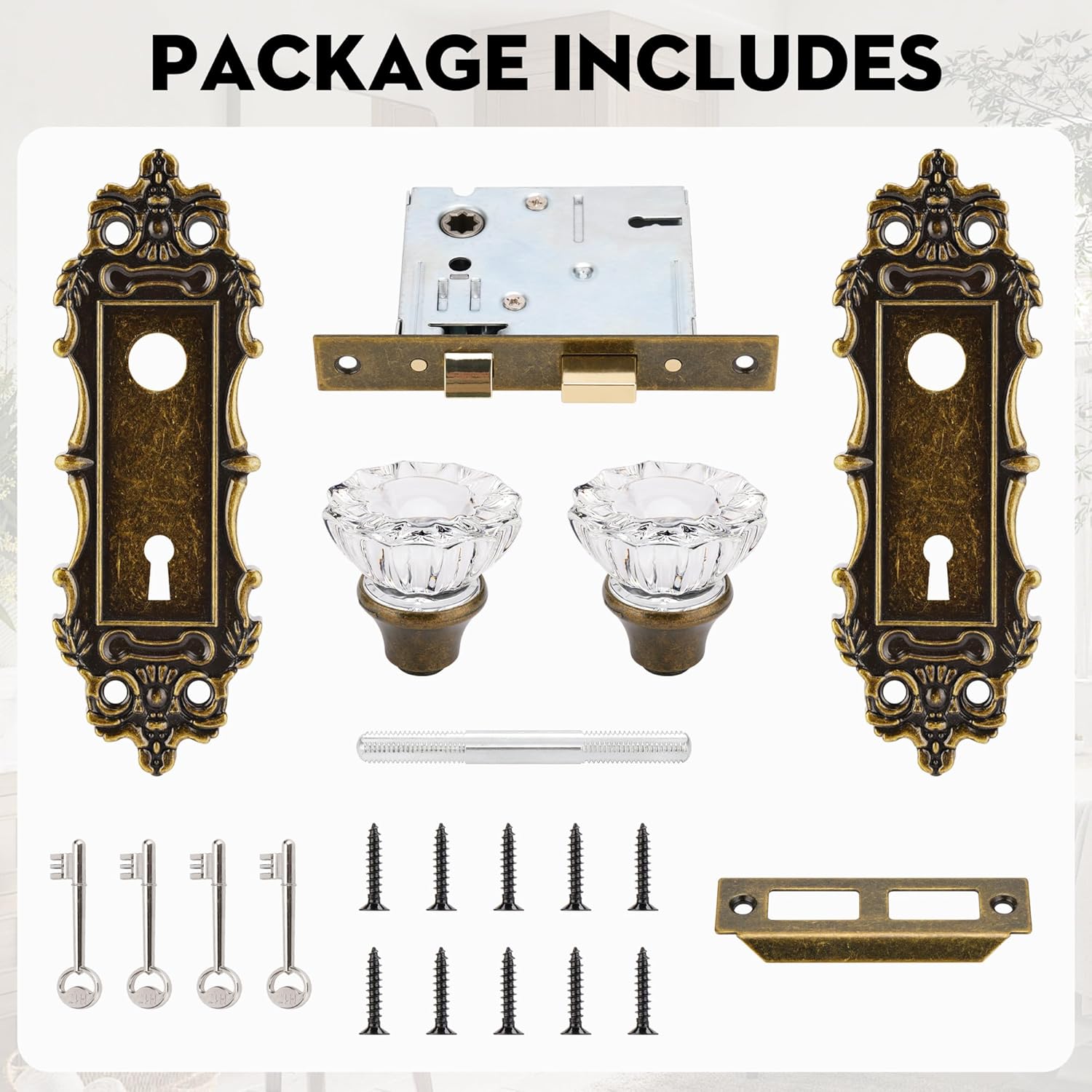 Mortise Lock Set for Interior Door, Antique Brass Door Knobs with Lock and Skeleton Key, Vintage Door Handle Lock Replacement for Interior Doors, Antique Brass Finish