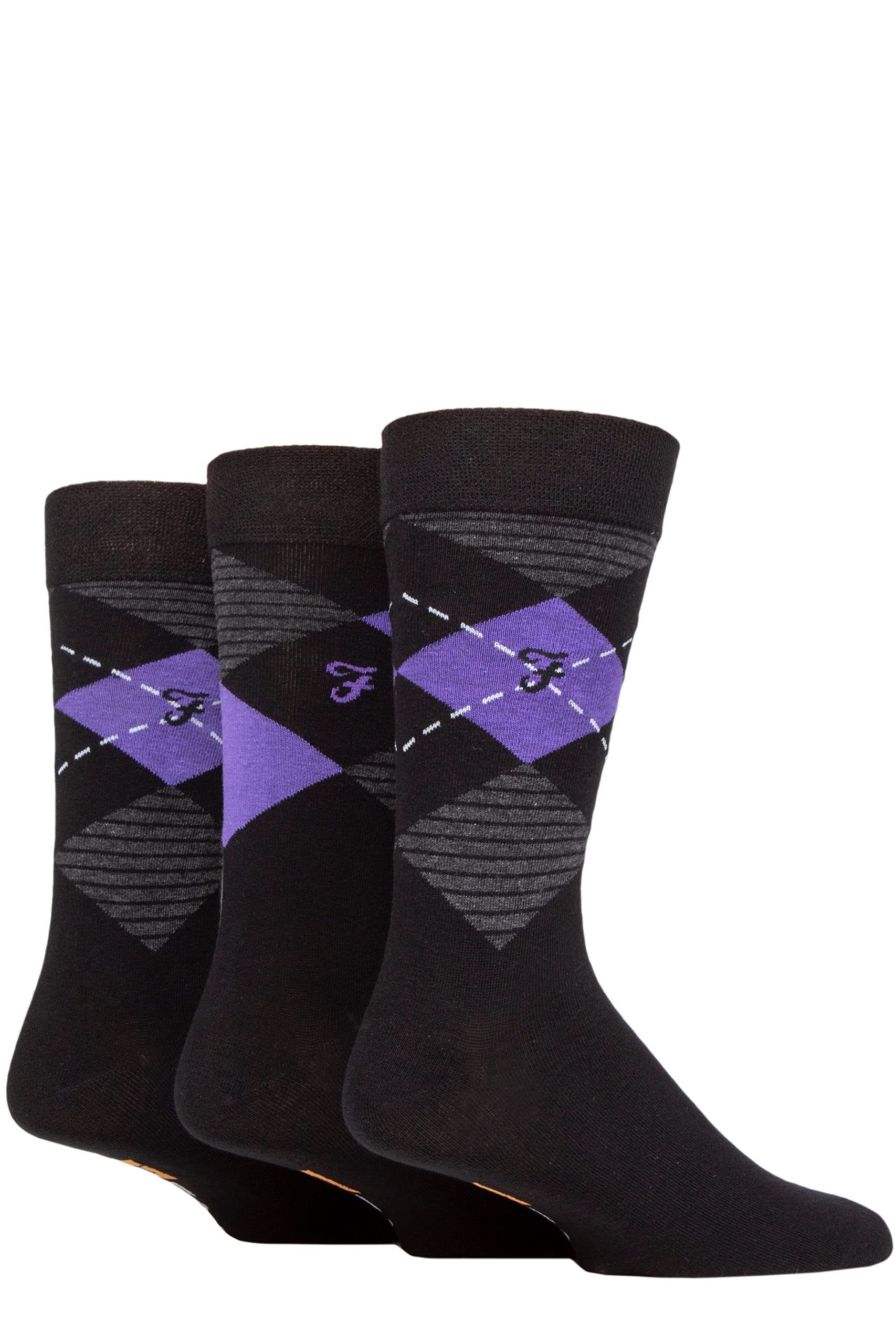 Farah Men's Black / Purple Argyle Argyle, Patterned And Striped Cotton Socks Pack Of 3 Black/Purple Argyle 6-11