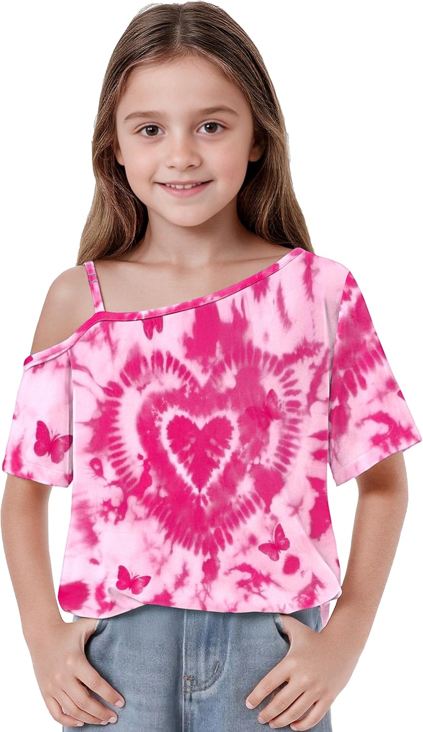 Arshiner Girls T Shirts Trendy Street Style One Shoulder Sleeve Casual Kids Blouse Soft Summer Tees Tops