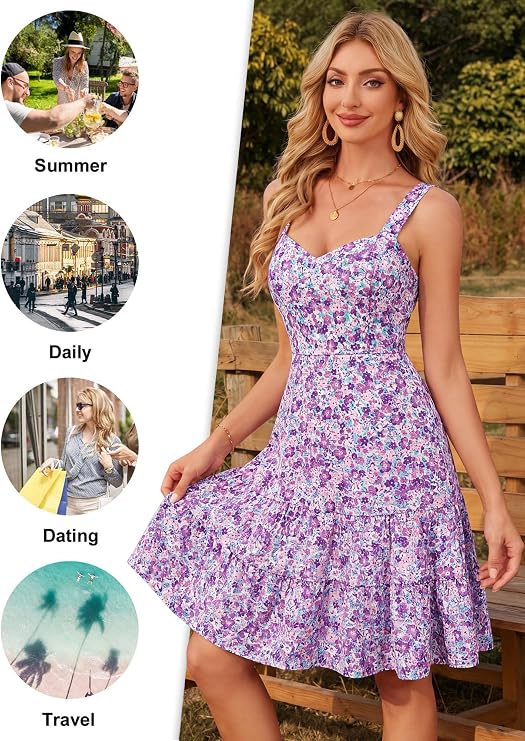 HUHOT Summer Dresses for Women 2026 Spring Sundress Sweetheart Neckline Cute Floral Casual Midi Sleeveless Dress Teens