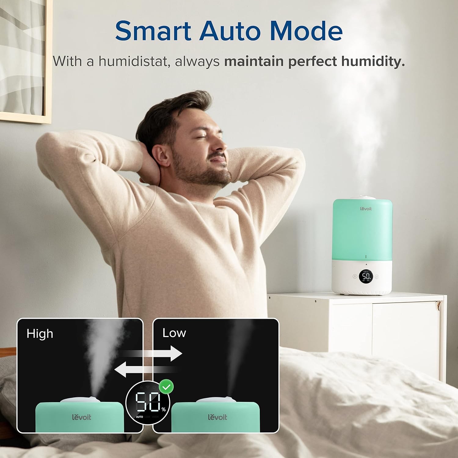 LEVOIT Smart Cool Mist Top Fill Humidifiers for Bedroom with Sensor, Auto Humidity Setting , APP & Voice Control, Essential Oil Diffuser, Ultra Quiet Operation, Super Easy to Use and Clean, 3L, Green