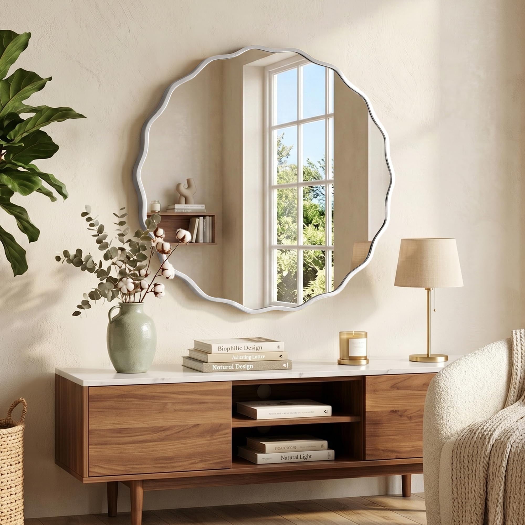 Specchio Da Parete Rotondo Ondulato con Cornice in Alluminio Spazzolato & Vetro Temperato Di Sicurezza per Bagno, Ingresso & Soggiorno