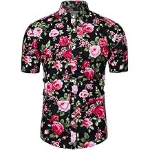 TUNEVUSE Men Floral Shirt Short Sleeve Button Down Flower Shirt Summer Beach Hawaiian Shirt Cotton