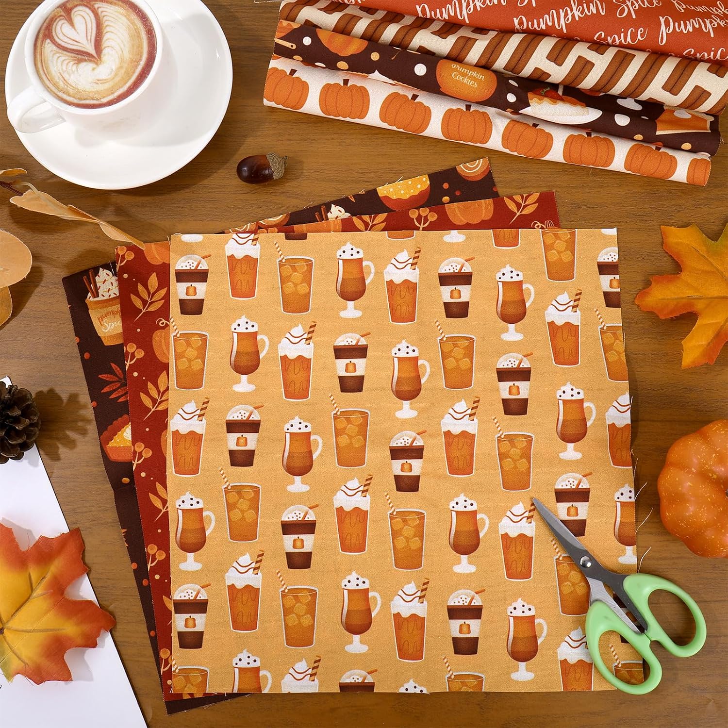 JarThenaAMCS 12 Pcs Fall Cotton Fabric Bundles Maple Leaf Pumpkin Drinks Plaid Fabric Squares 10 x 10 Inch Small Sewing Fabrics for Autumn Thanksgiving DIY Craft Party Decor