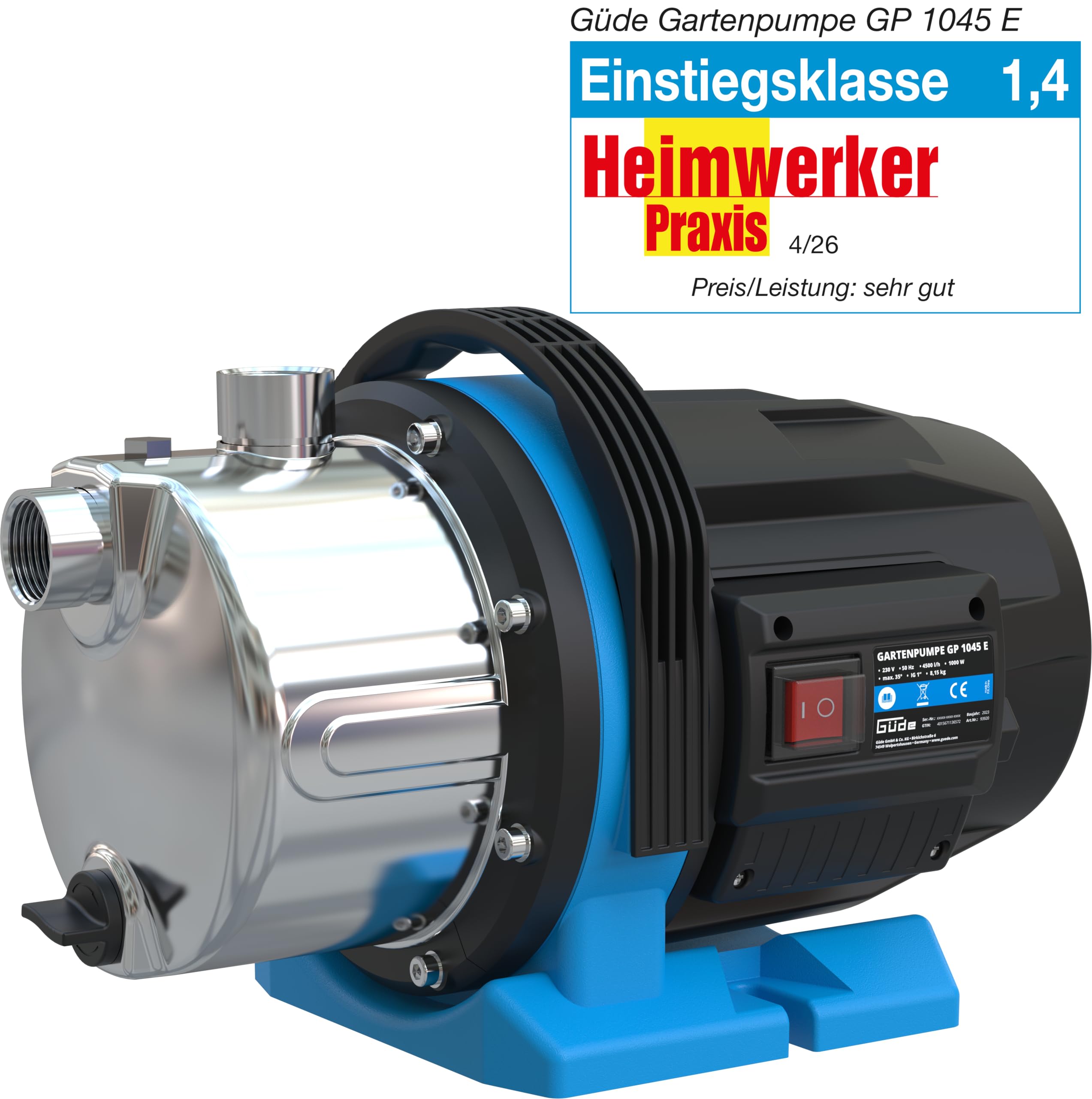 Güde Gartenpumpe GP 1045 E (1000 W, Fördervolumen: 4500 l/h, max. Förderhöhe: 45 m, max. Ansaughöhe: 8 m, Pumpengehäuse aus Edelstahl, Noryllaufrad, Thermoschutzschalter, ergonomischer Tragegriff)