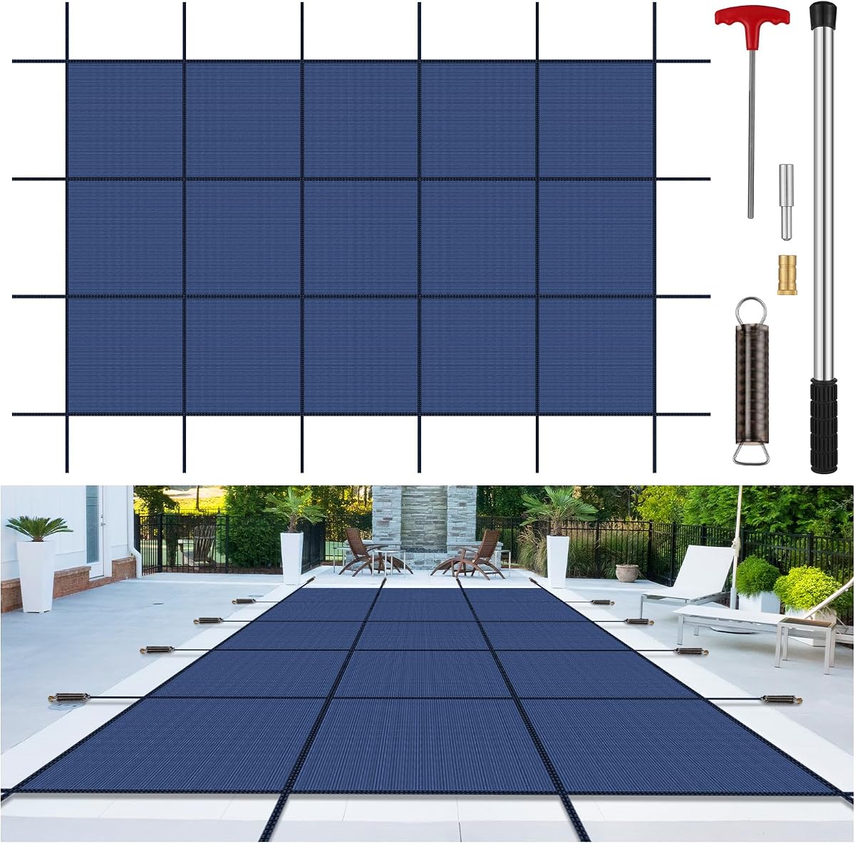 Inground Pool Cover Safety Fits Rectangle Swimming Pool, Mesh Solid Pool Cover for Inground Pools,Winter Pool Safety Cover Includes Safety Net and Installation Tools Blue (Blue, Fits 16x32ft Pools)