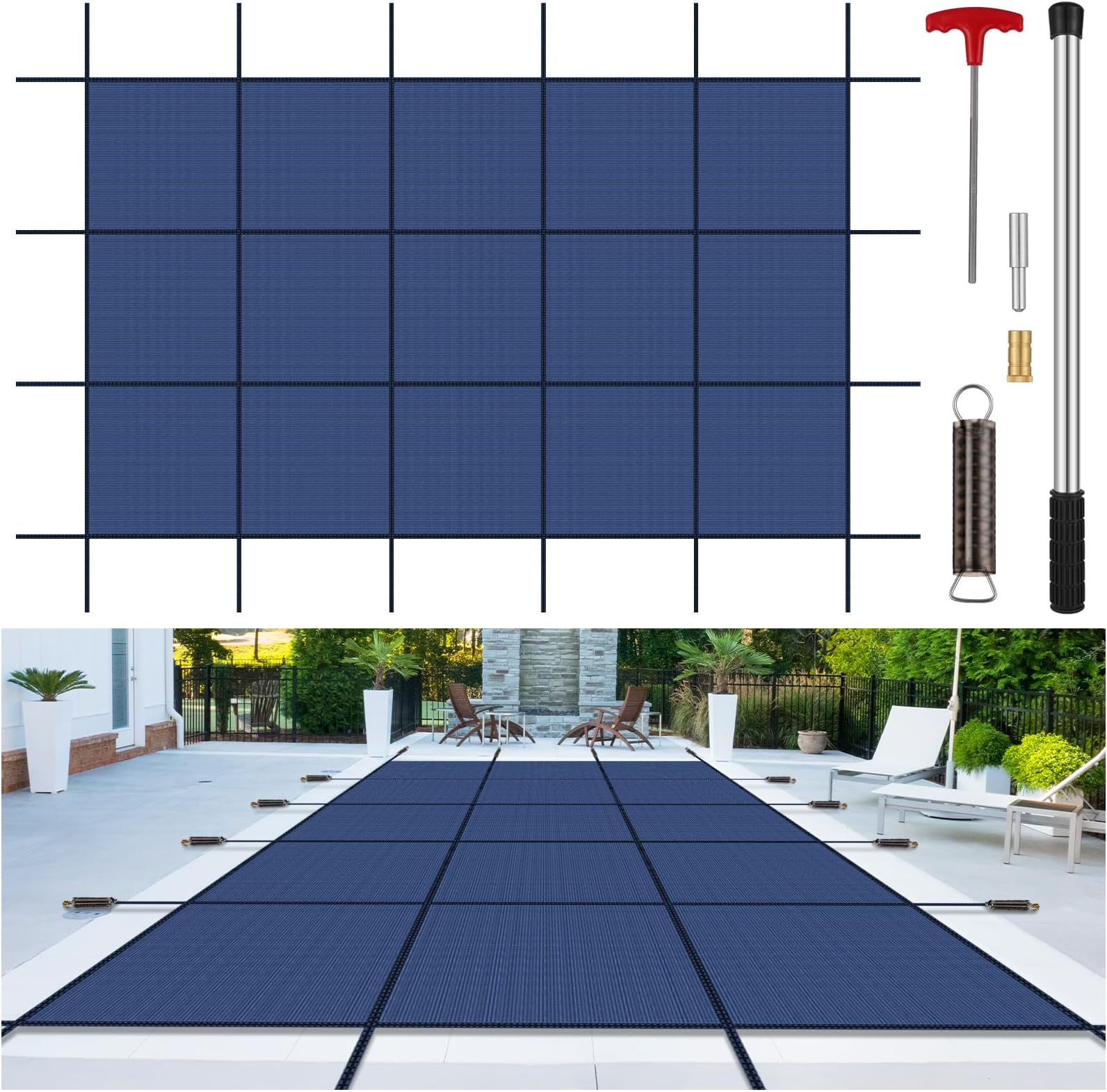 Inground Pool Cover Safety Fits Rectangle Swimming Pool, Mesh Solid Pool Cover for Inground Pools,Winter Pool Safety Cover Includes Safety Net and Installation Tools Blue (Blue, Fits 12x20ft Pools)