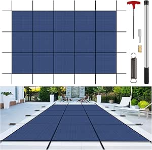 Inground Pool Cover Safety Fits Rectangle Swimming Pool, Mesh Solid Pool Cover for Inground Pools, Winter Pool Safety Cover Includes Safety Net and Installation Tools Blue (Blue, Fits 20x40ft Pools)