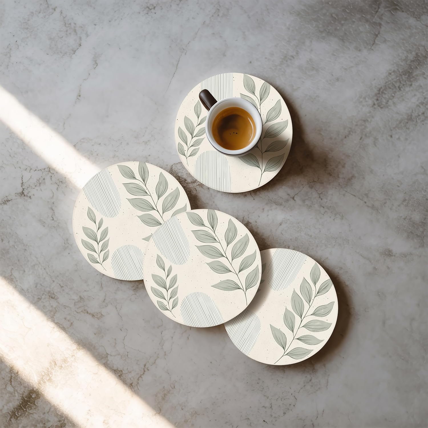 VEYRO Ceramic Coasters Set of 4 – Absorbent Stone Drink Coasters with Holder, Non-Slip Cork Backing, Modern Marble Look Coasters for Coffee Table, Desk & Home Decor
