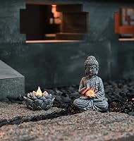 TERESA'S COLLECTIONS Napelemes Buddha szobor Lótusz dekorációval kültéri kerti díszítés 3