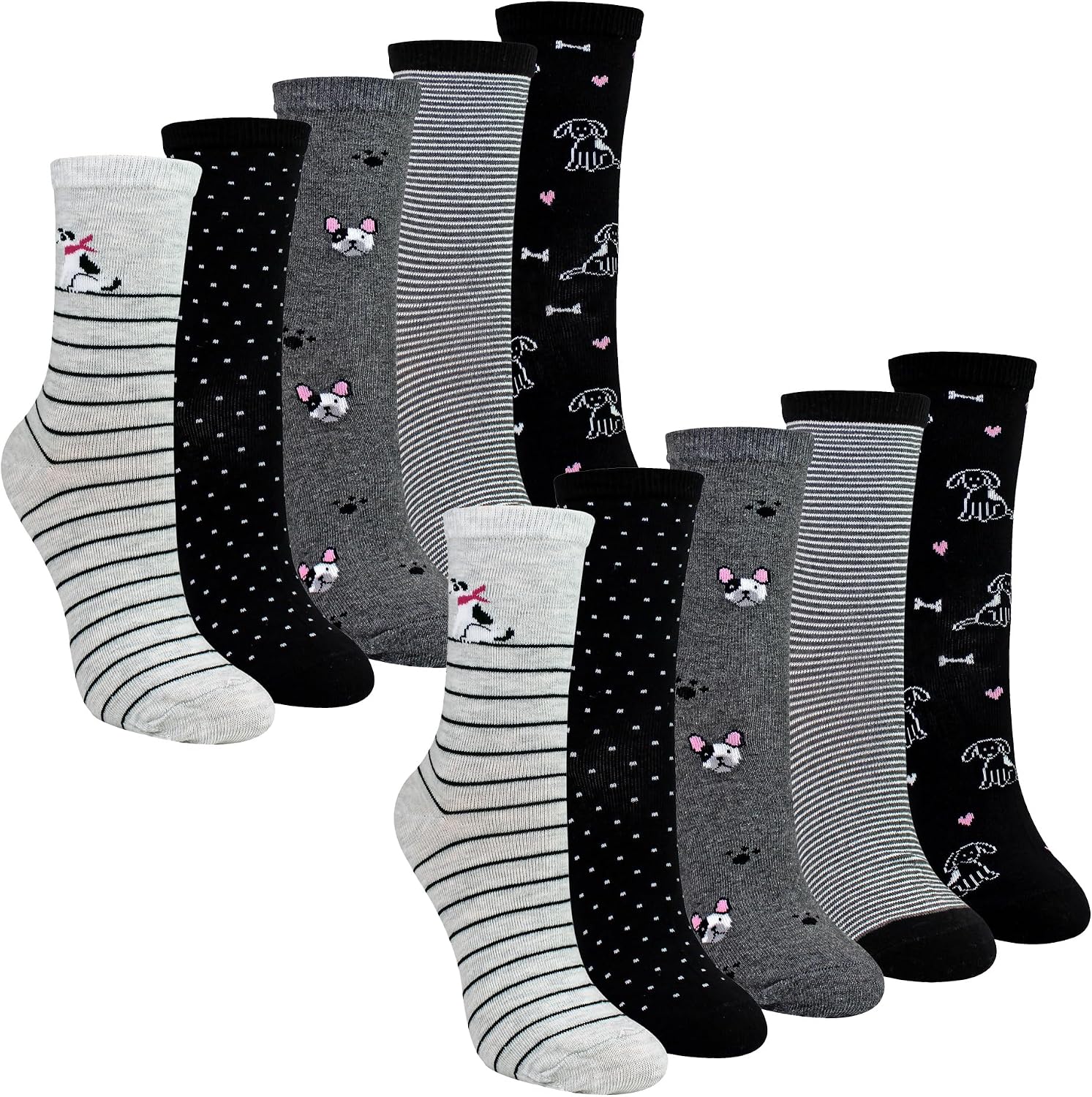 Sock Snob - 10 Pairs Womens Dog Novelty Socks | Cotton Rich Soft Comfortable Animal Print