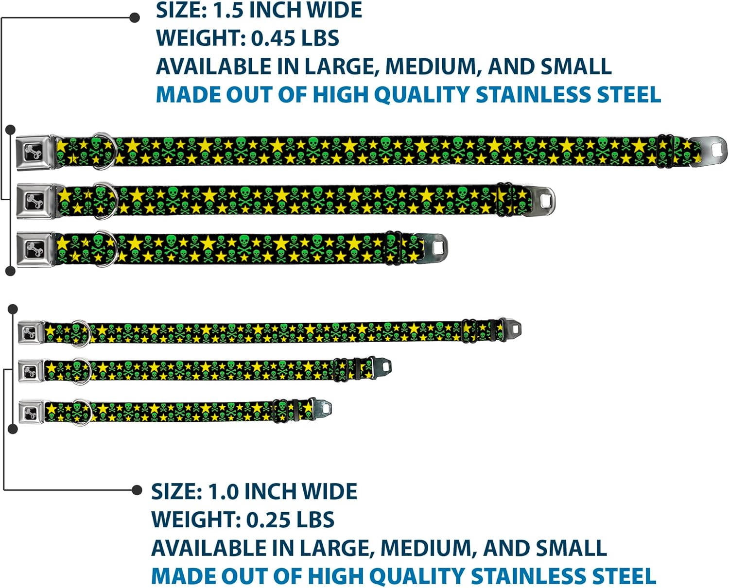 Dog Collar Seatbelt Buckle Skulls Stars Black Green Yellow 11 to 17 Inches 1.0 Inch Wide
