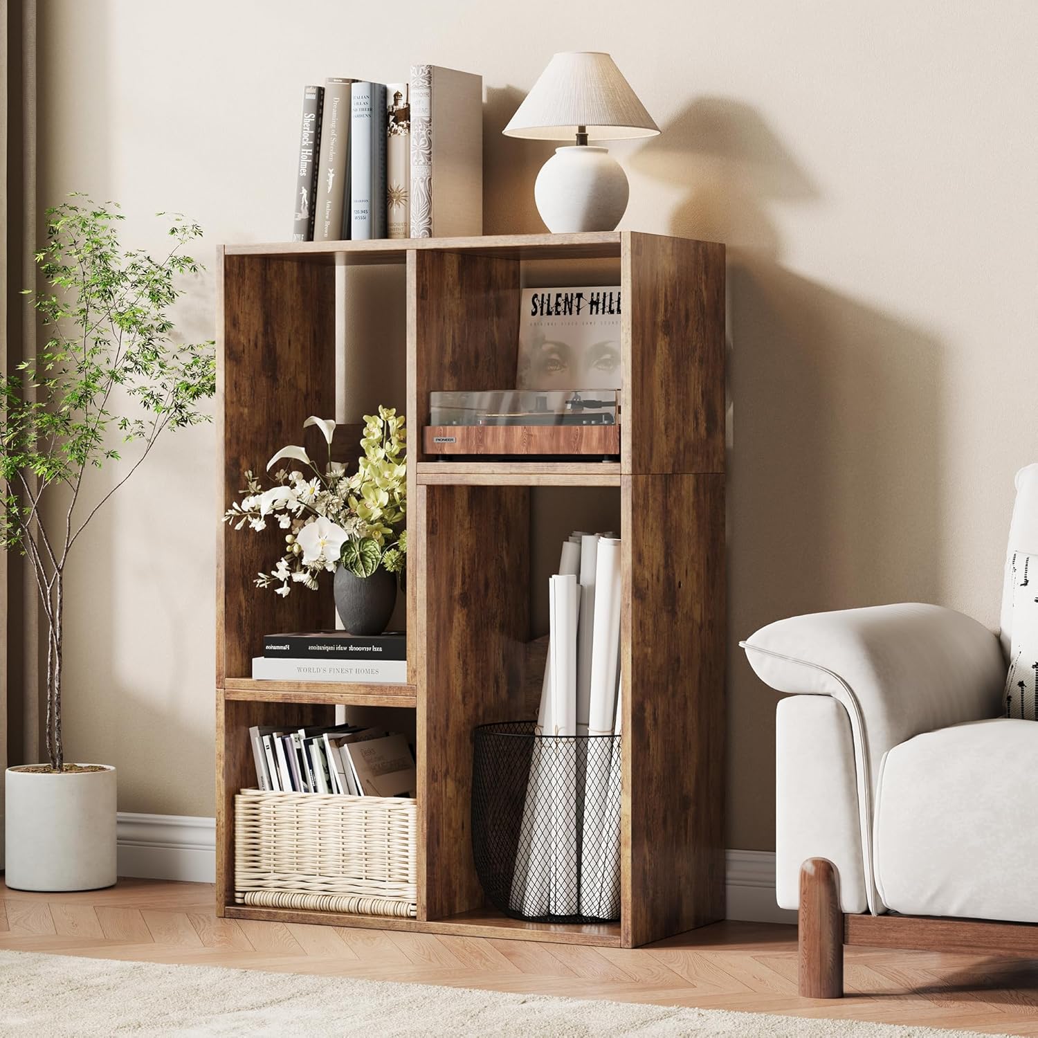 6 Cube Storage Organizer, Wooden Storage Shelves Bookcase with Back Panels, Stackable Display Bookshelf for Living Room, Bedroom, Study, Hallway, Rustic Brown