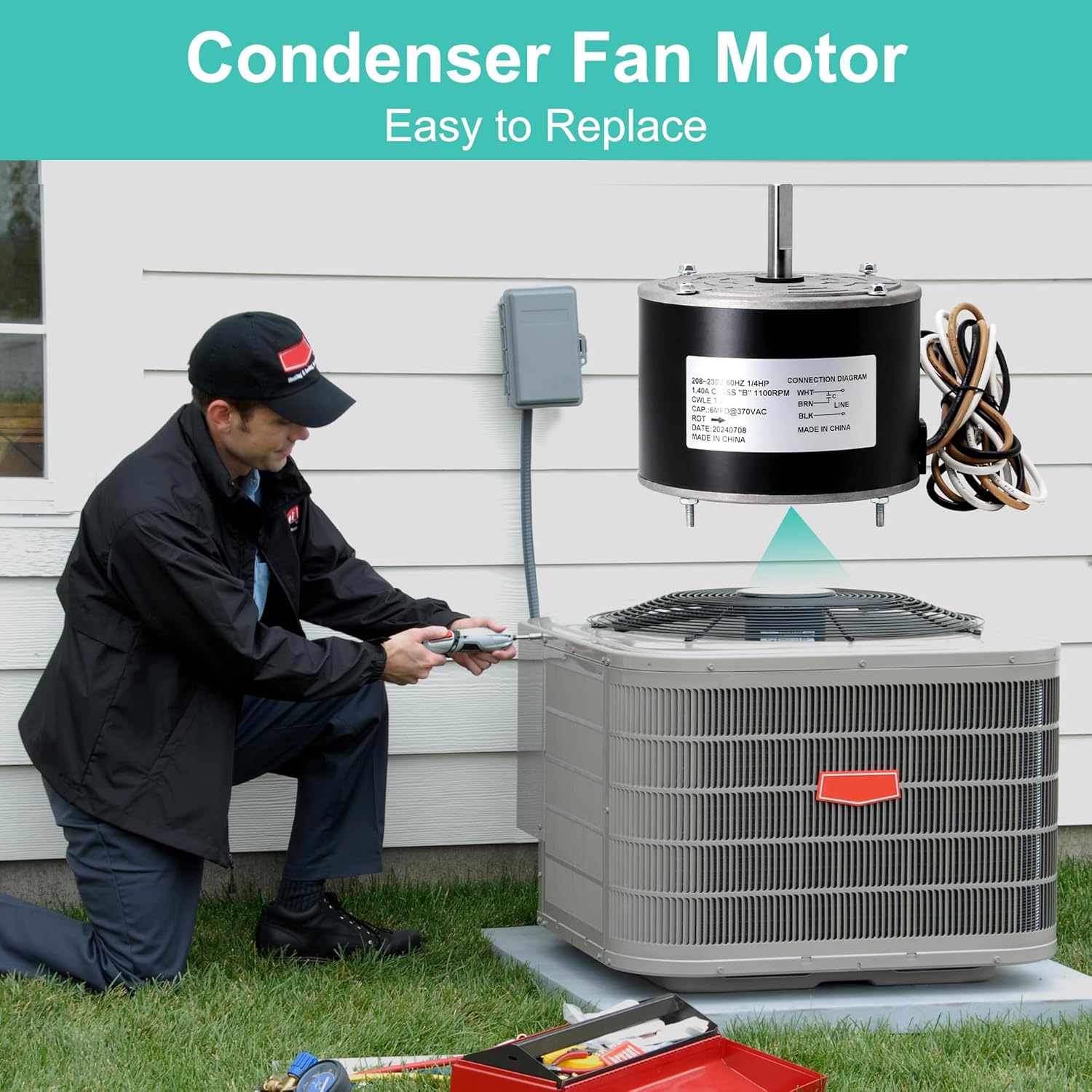 Condenser Fan Motor for Carrier 5KCP39EGS070S, 5KCP39EGY823S, Genteq GE3905, Bryant Payne HC39GE236, HC39GE237, Dayton 6DLL0, 1/4HP 1100 RPM Condenser Motor Replacement with Capacitor