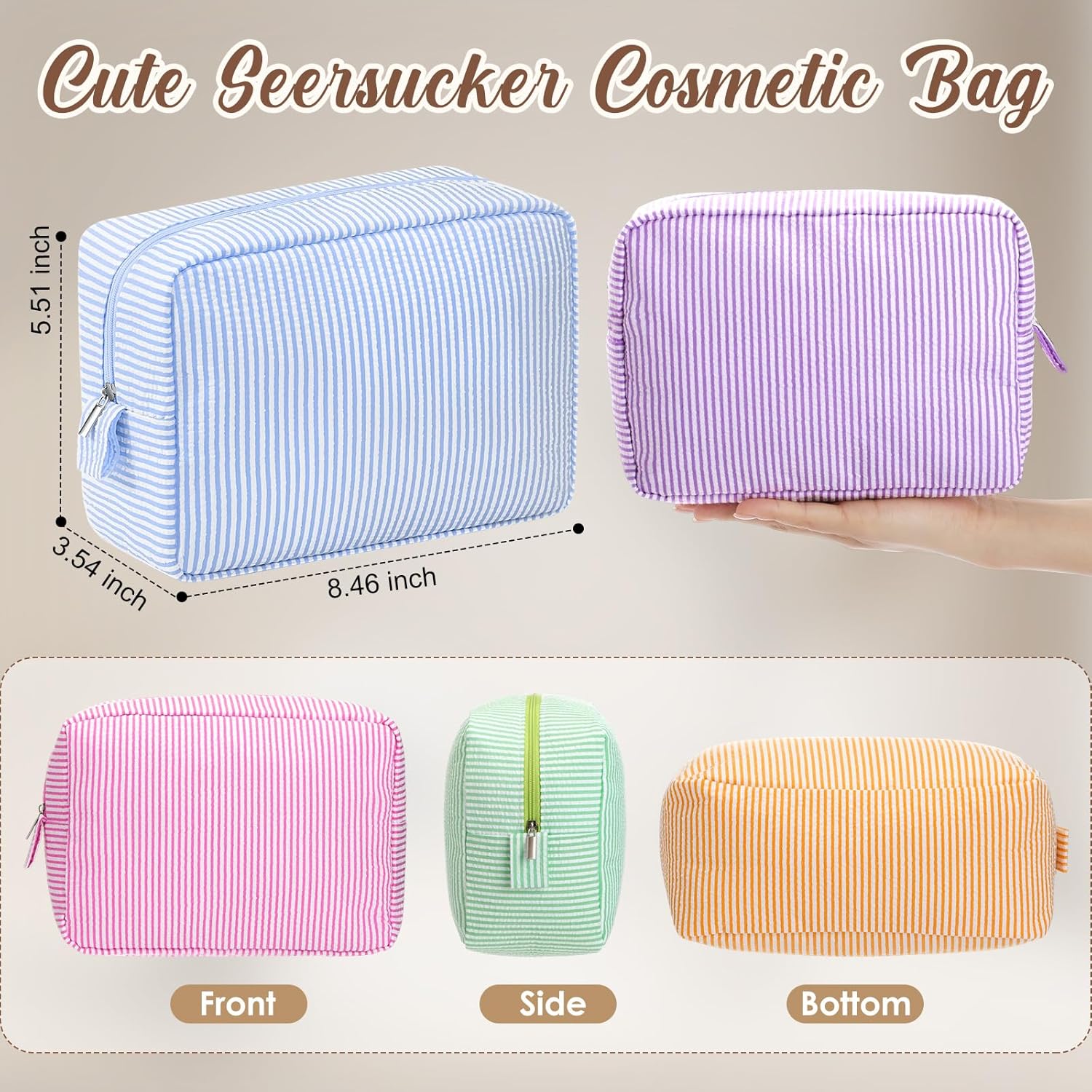 Sanwuta 9 Pcs Seersucker Cosmetic Bag Bulk Pinstripe Makeup Bag for Women Aesthetic Cute Travel Toiletry Organizer Preppy Storage Pouch for Wedding Bridesmaid Christmas Gift (Large, Candy Color) - Image 2